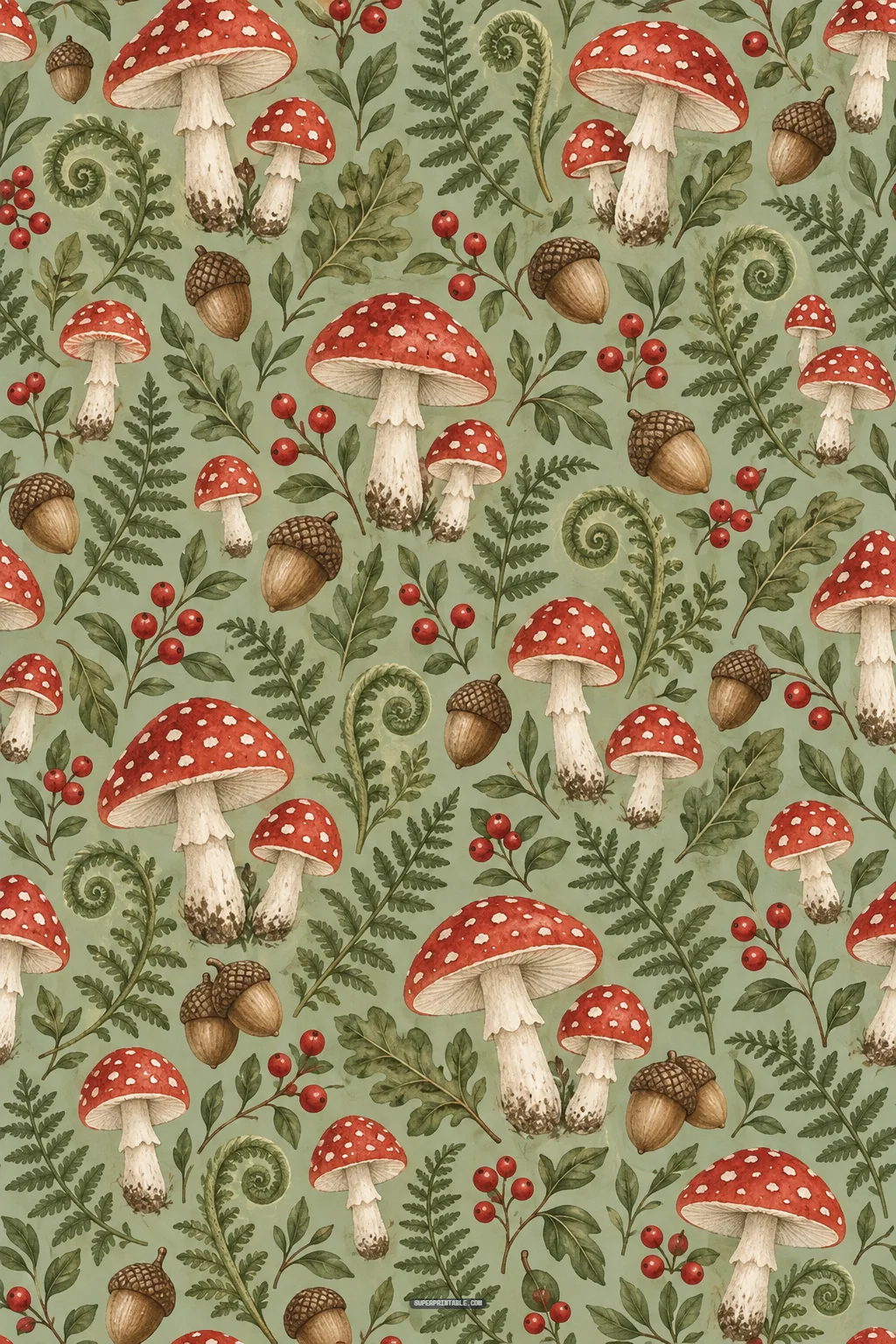 Woodland botanical pattern with red spotted mushrooms, curled ferns, brown acorns, and berries on muted green
