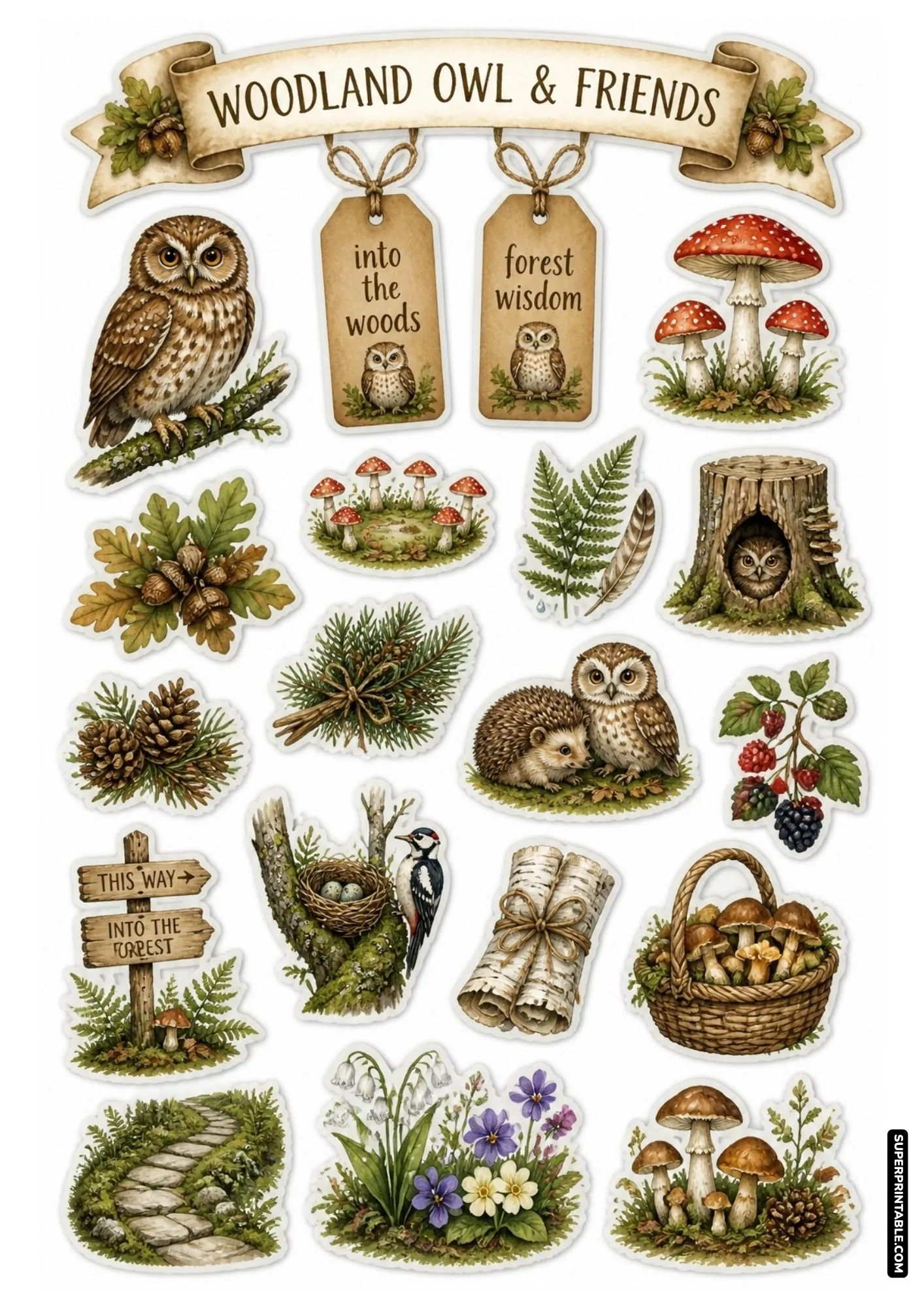 Woodland owl stickers with forest hedgehogs, red toadstools, pinecones, and oak leaves.