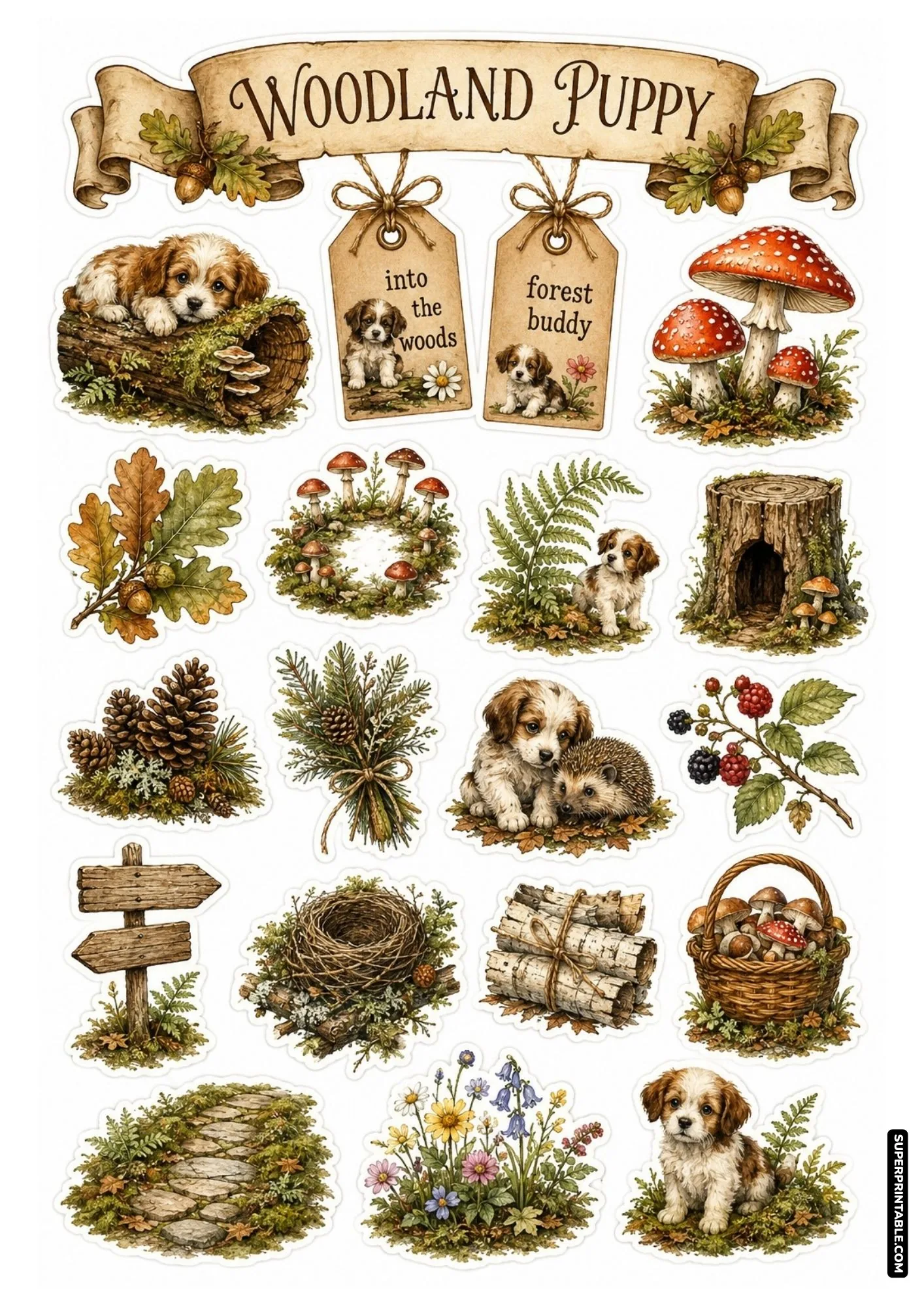 Rustic woodland sticker sheet featuring puppies playing near red toadstool mushrooms and cozy forest logs.