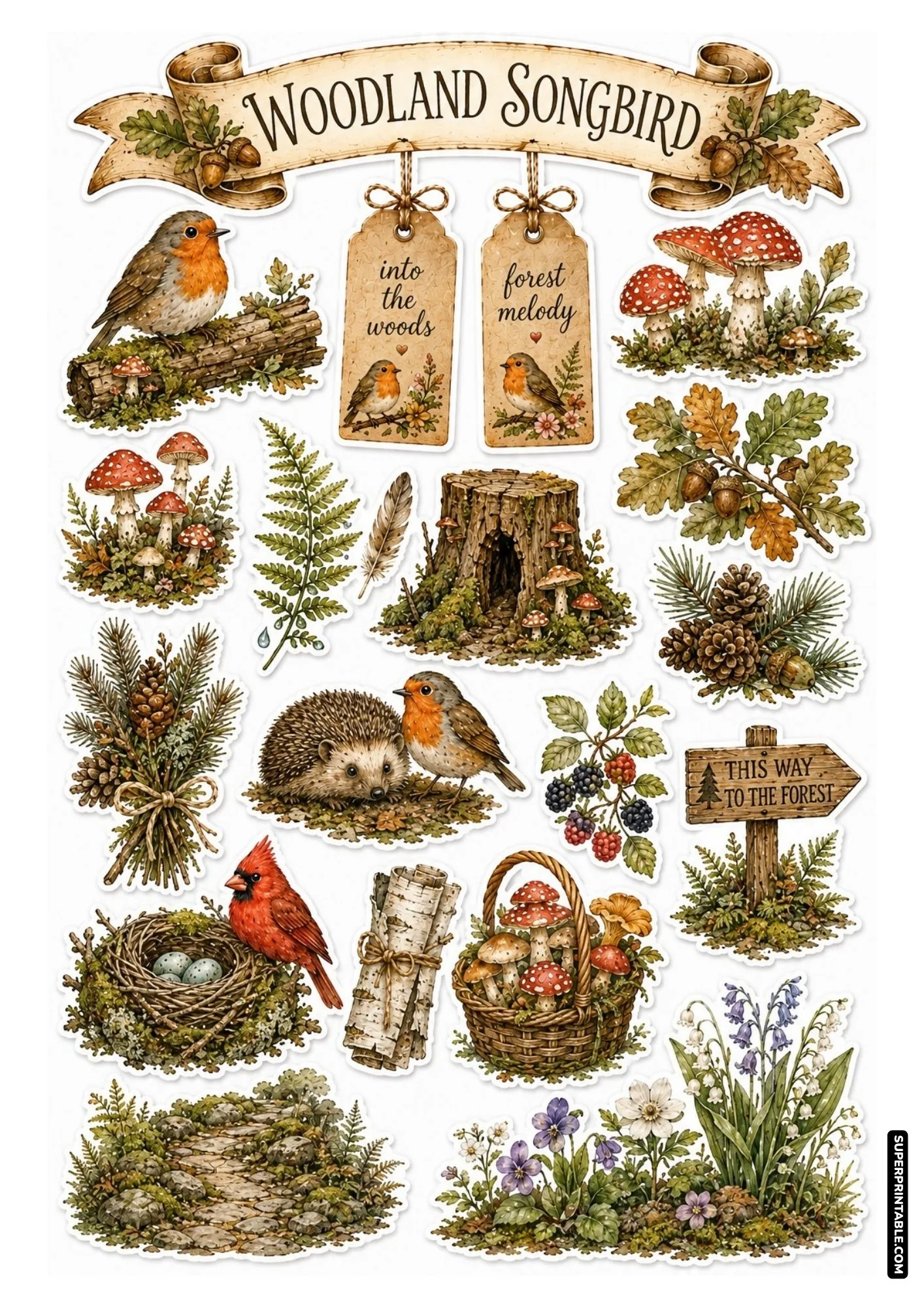 Woodland nature stickers featuring songbirds, cute hedgehogs, red mushrooms, and acorns.