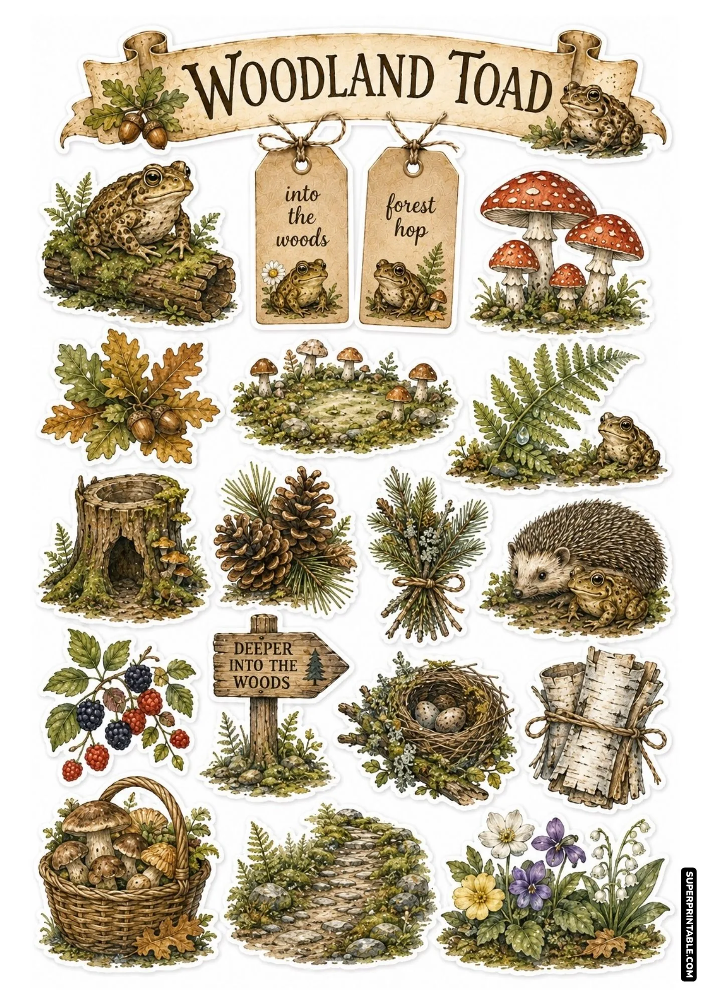 Forest woodland toad sticker sheet with mossy log, fly agaric mushrooms, pinecones, hedgehog, and stone path.