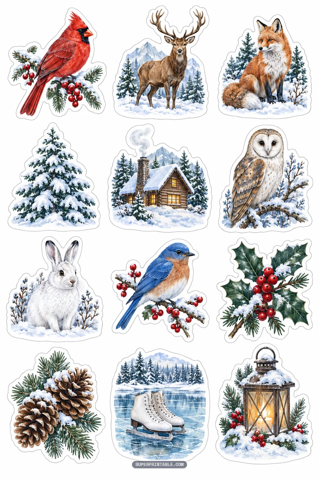 Winter woodland stickers showing cardinals, red deer stags, foxes, cozy log cabins, and glowing lanterns