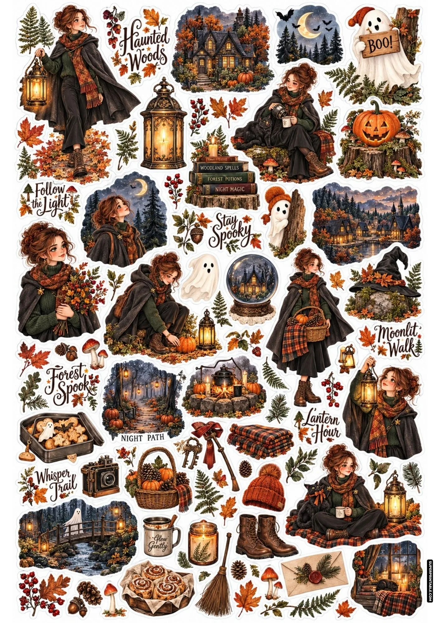 Woodland witch sticker sheet showing lanterns, forest cabins, spooky ghost banners, and hot cider