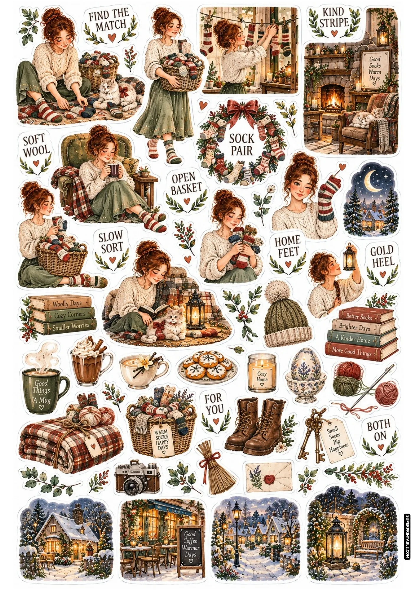 Warm wool sock sorting stickers with cozy fireplace armchair, cat, knitting yarn, and winter boots