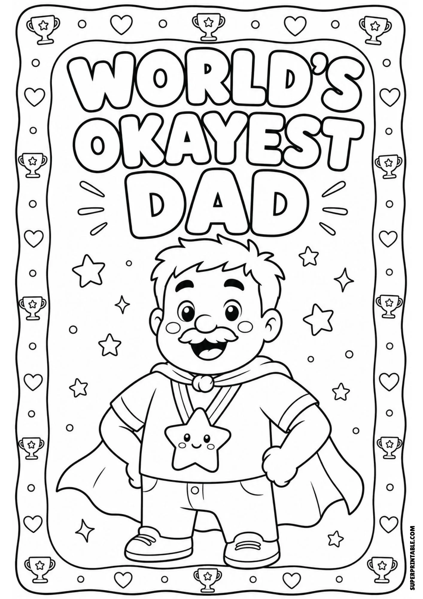 Superhero style coloring page for kids depicting the world's okayest dad.