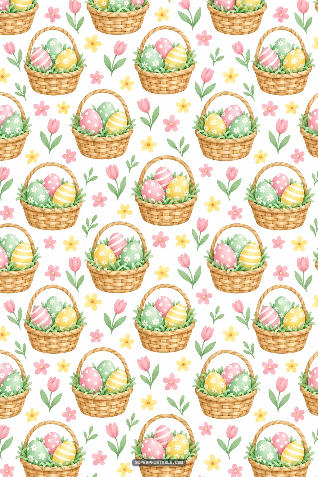 Pastel easter digital papers design featuring woven wicker baskets filled with decorated eggs and pink tulips