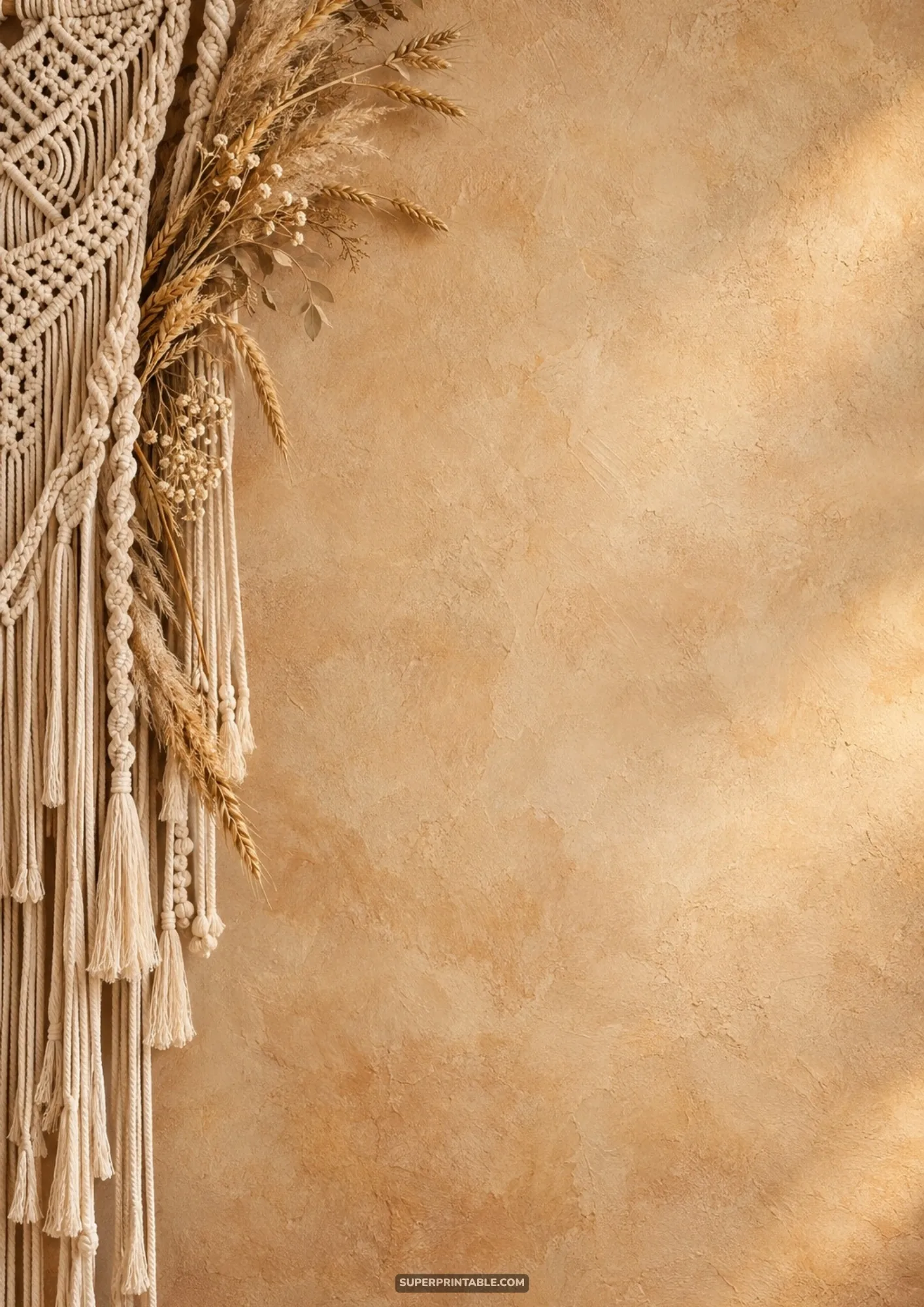 Intricate woven macrame wall hanging adorned with dried wheat plumes against a warm plaster background.