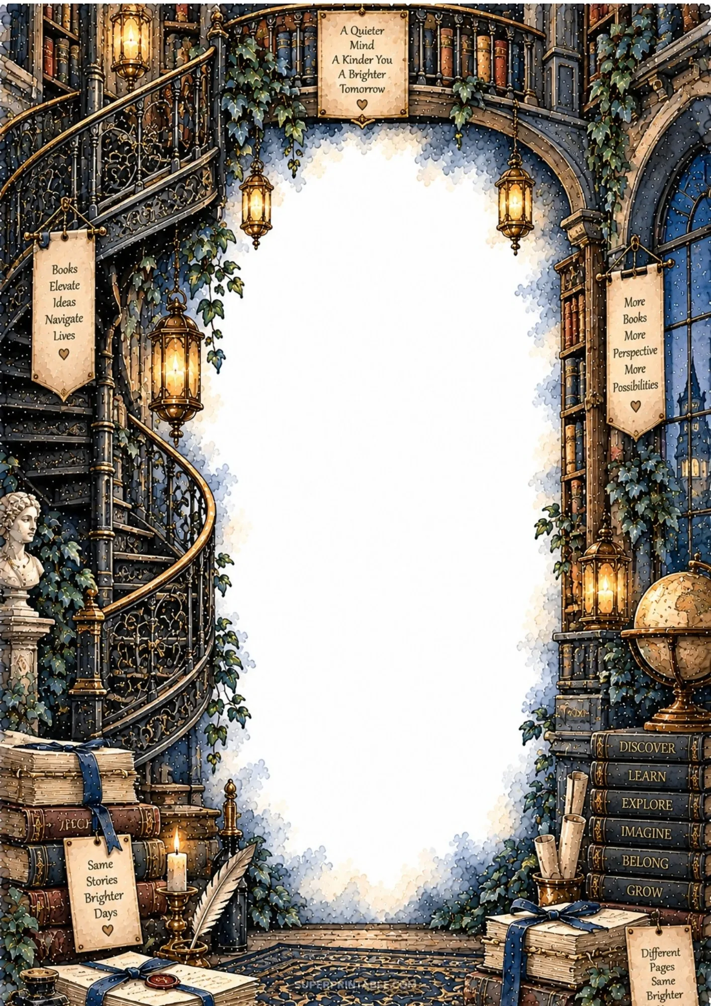 Ornate wrought iron spiral library staircase with glowing lanterns and tall arched bookshelves.