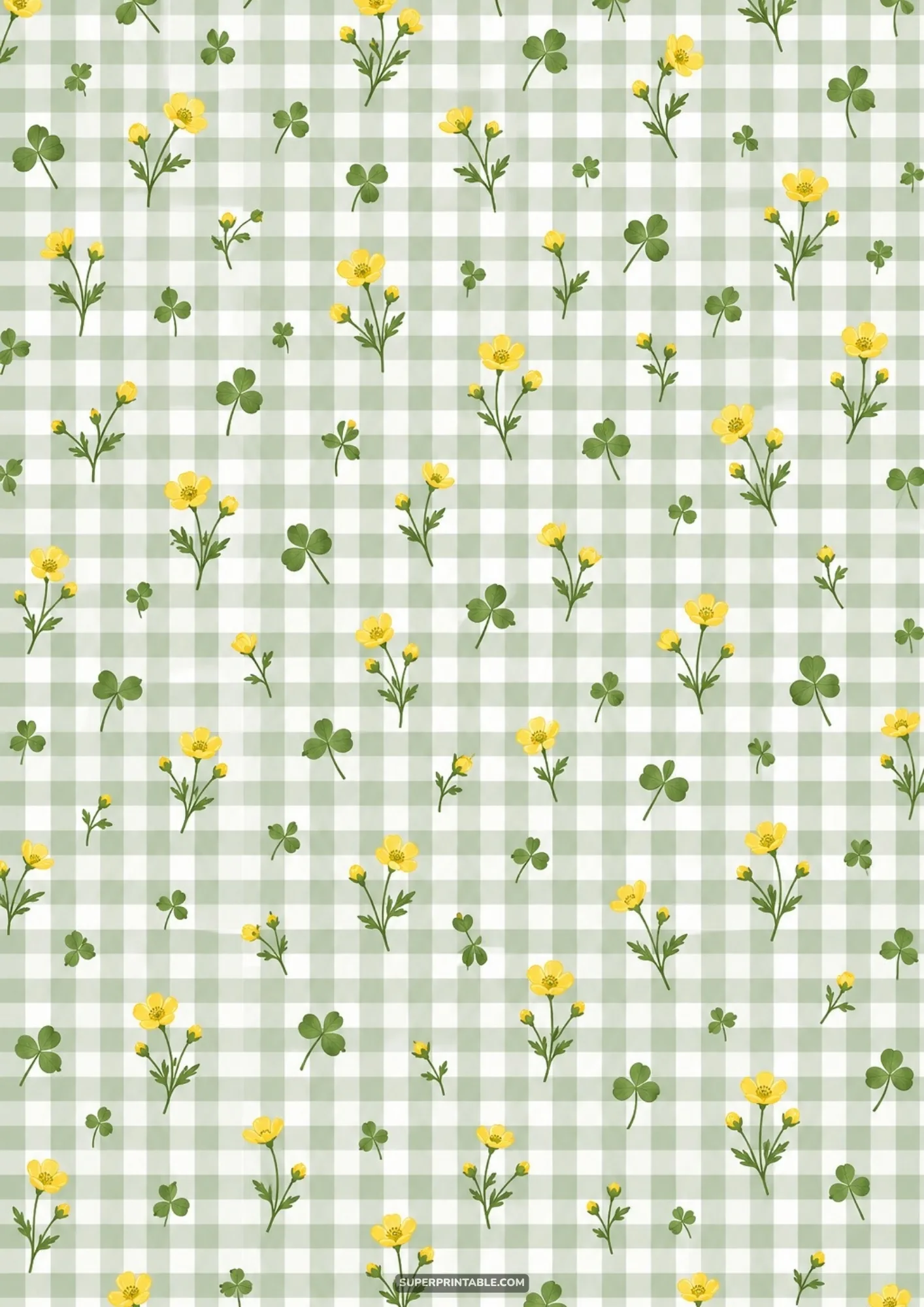 Sunny yellow buttercup blossoms and green clovers scattered on a pale sage green gingham check