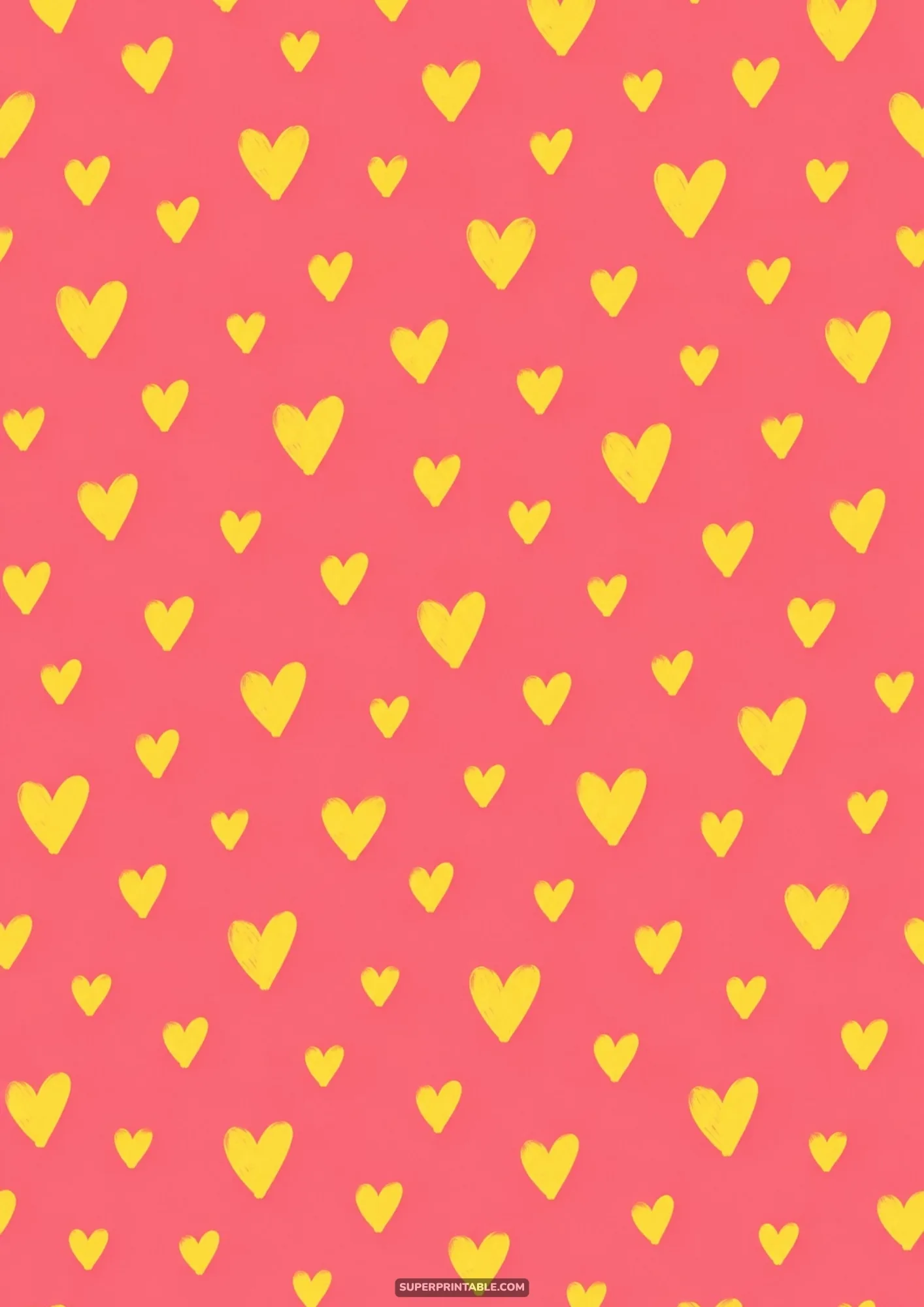 Sunny yellow sketched hearts scattered across a bright coral pink background