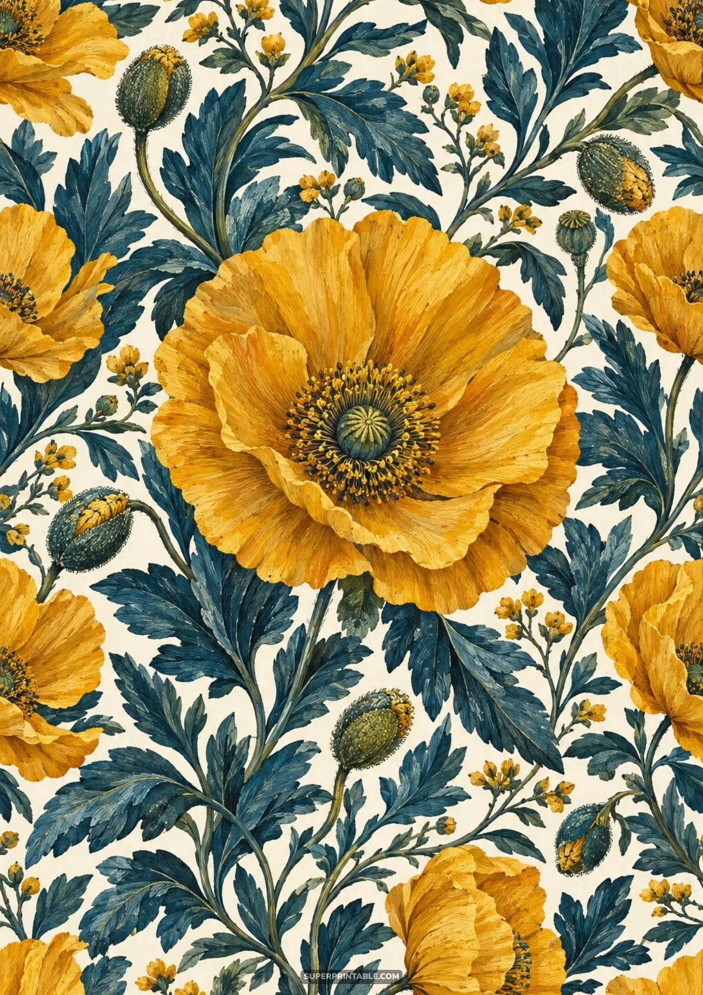 Large bright yellow Iceland poppies with textured green seed heads and stylized deep teal foliage