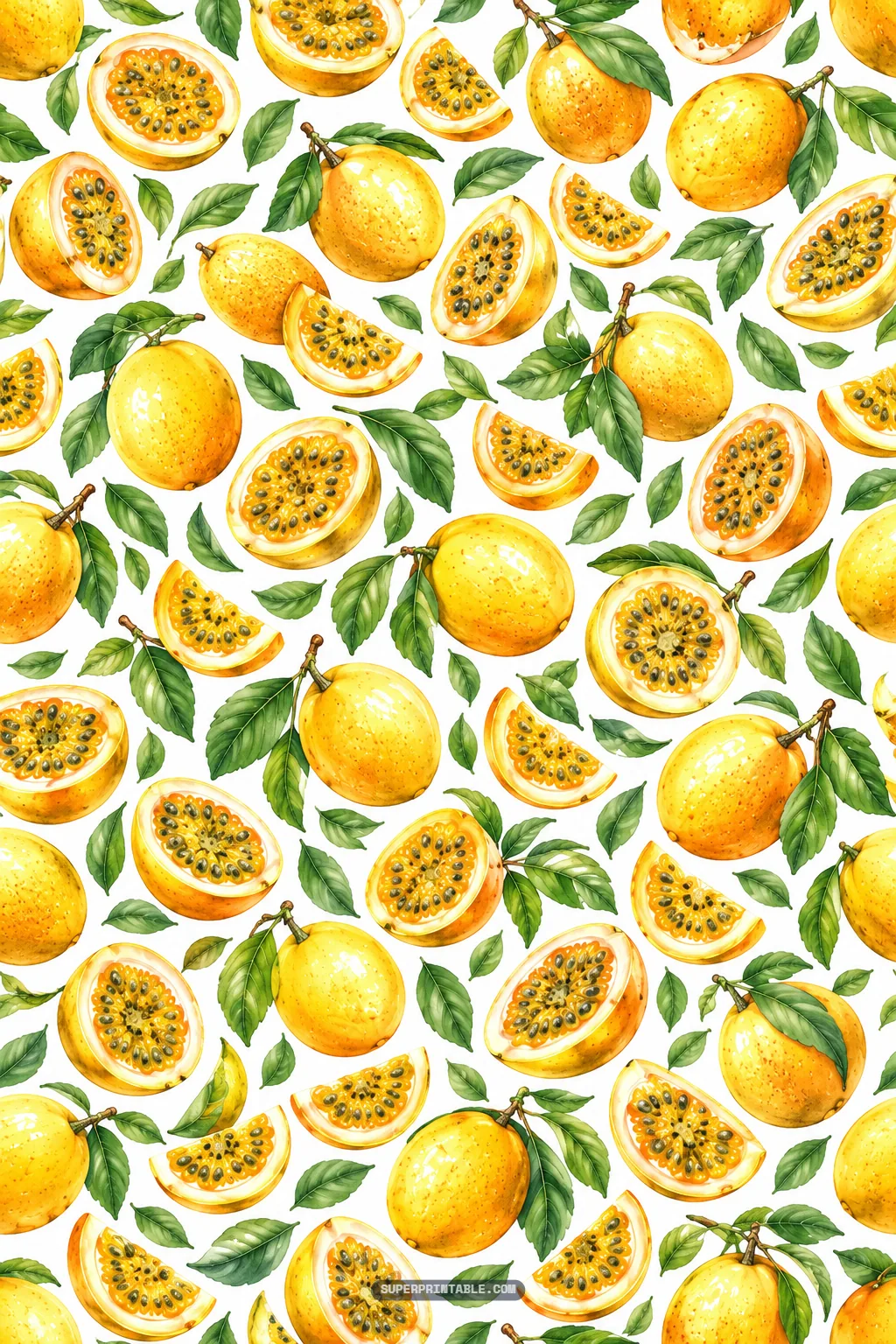Scattered yellow passionfruit watercolor pattern with whole fruits, cut halves, and juicy pulp wedges on white.