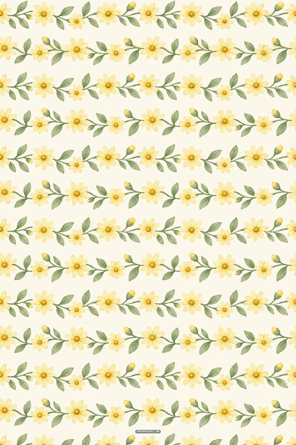 Horizontal rows of delicate yellow wildflower garlands and green leaf vines repeating on pale cream paper