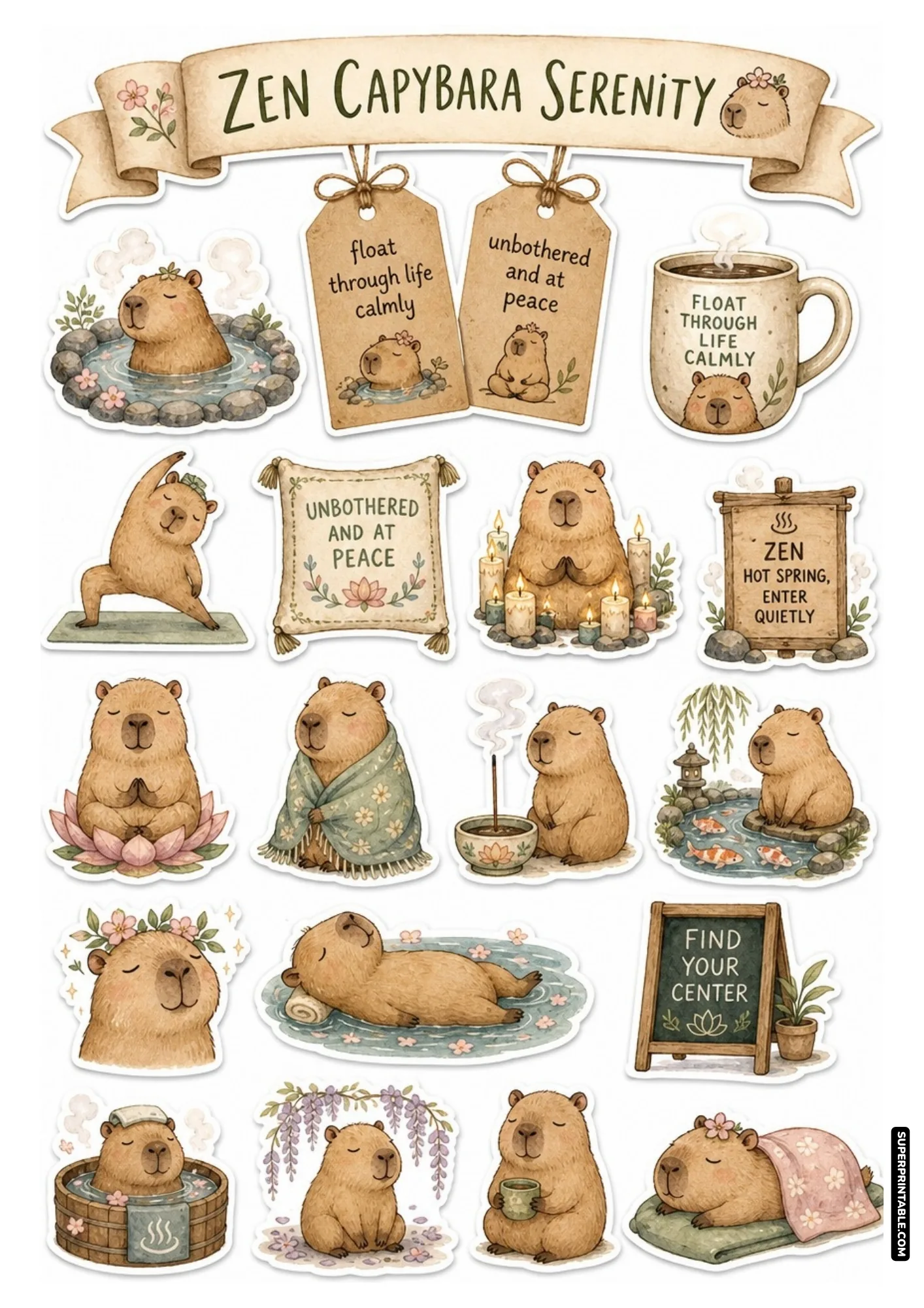 Peaceful capybara stickers soaking in hot springs and onsen tubs with relaxing floral affirmations