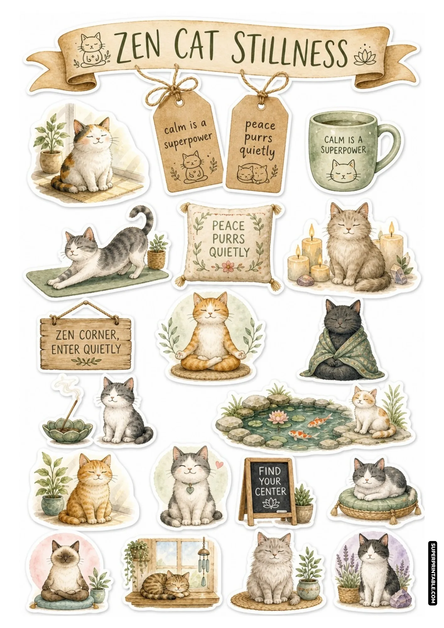 Meditating cats and mindfulness quotes on zen animals sticker sheets for bullet journals and planners