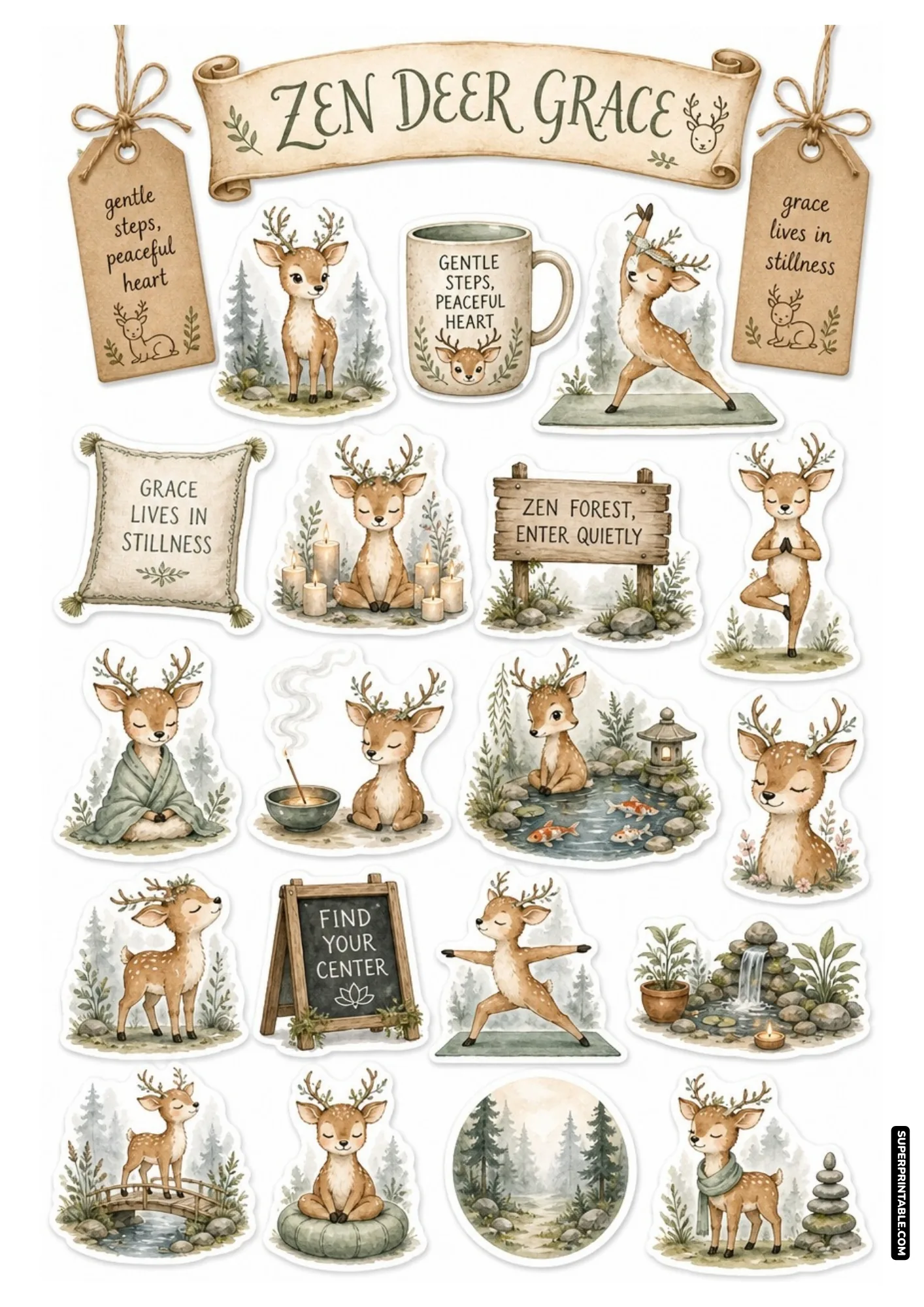 Peaceful deer and fawn watercolor stickers with yoga poses and forest meditation scenes for crafting