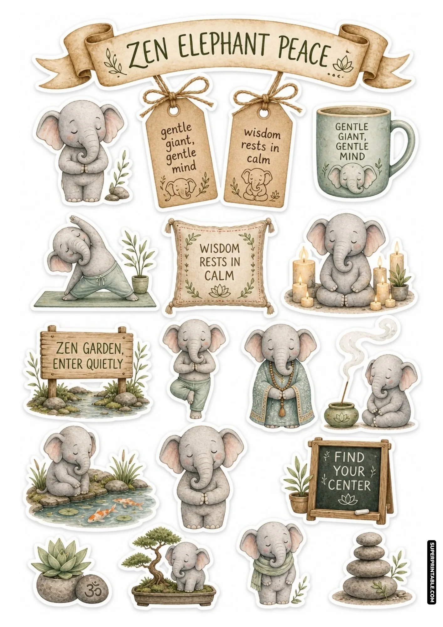Gentle baby elephant stickers doing yoga poses and mindful breathing beside bonsai trees and rocks