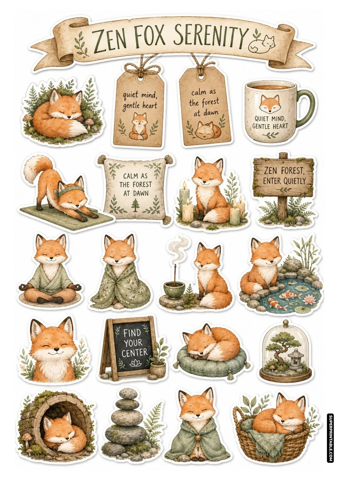 Watercolor red fox stickers meditating in lotus pose and resting peacefully in cozy woodland settings