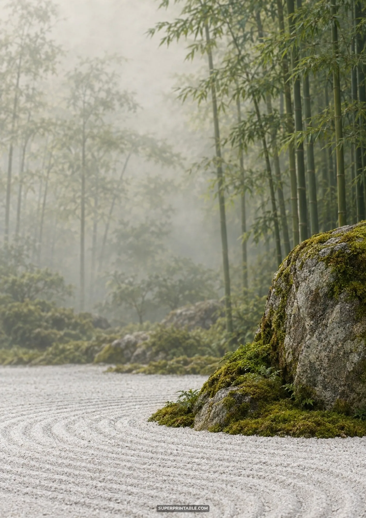 Japanese wabi-sabi and shibori backgrounds featuring tranquil bamboo grove and zen gravel garden
