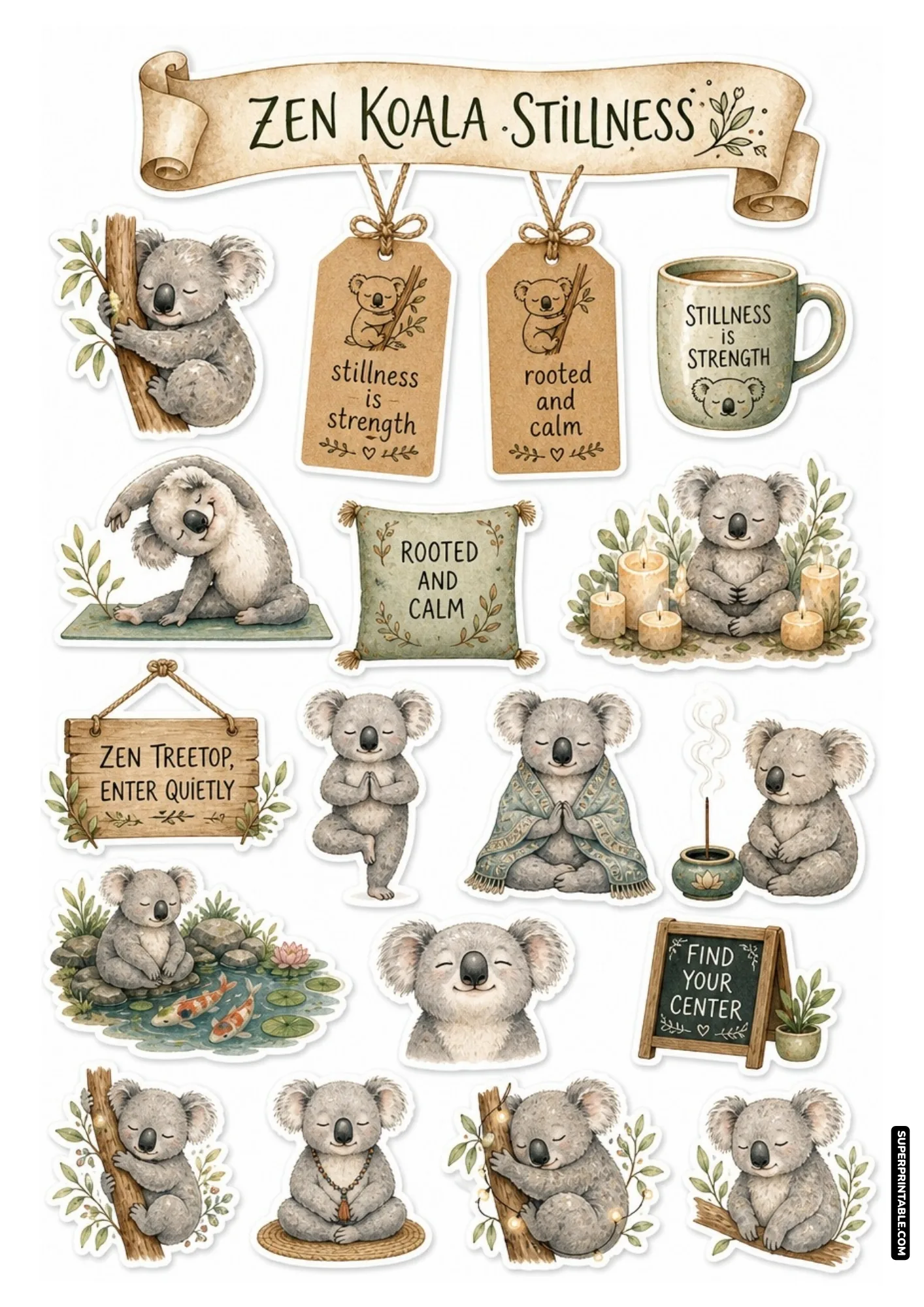 Relaxed koala stickers practicing tree pose yoga and mindful stillness for crafts and scrapbooking
