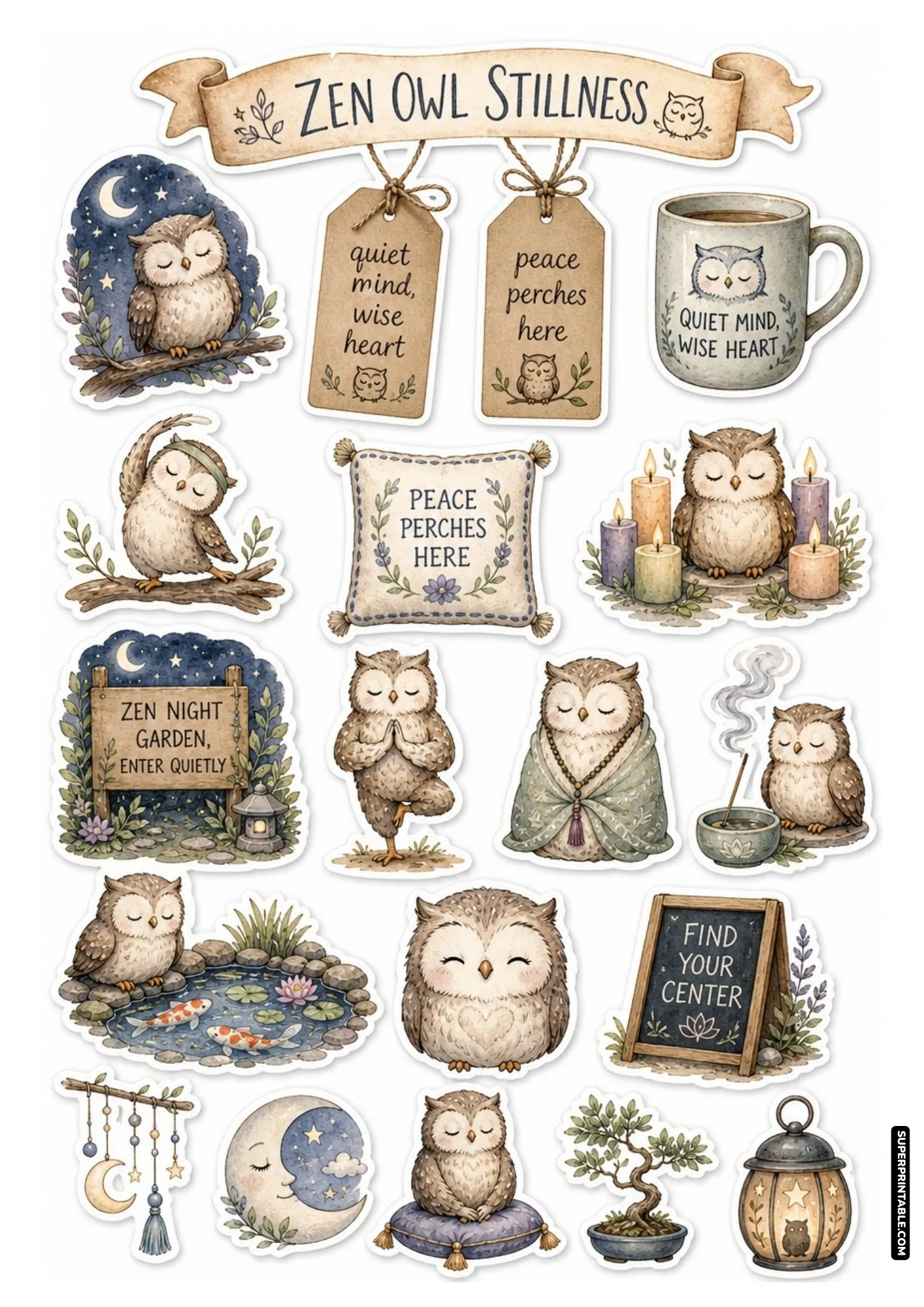 Mindful nocturnal owl stickers meditating under crescent moons and stars with wise calming quotes