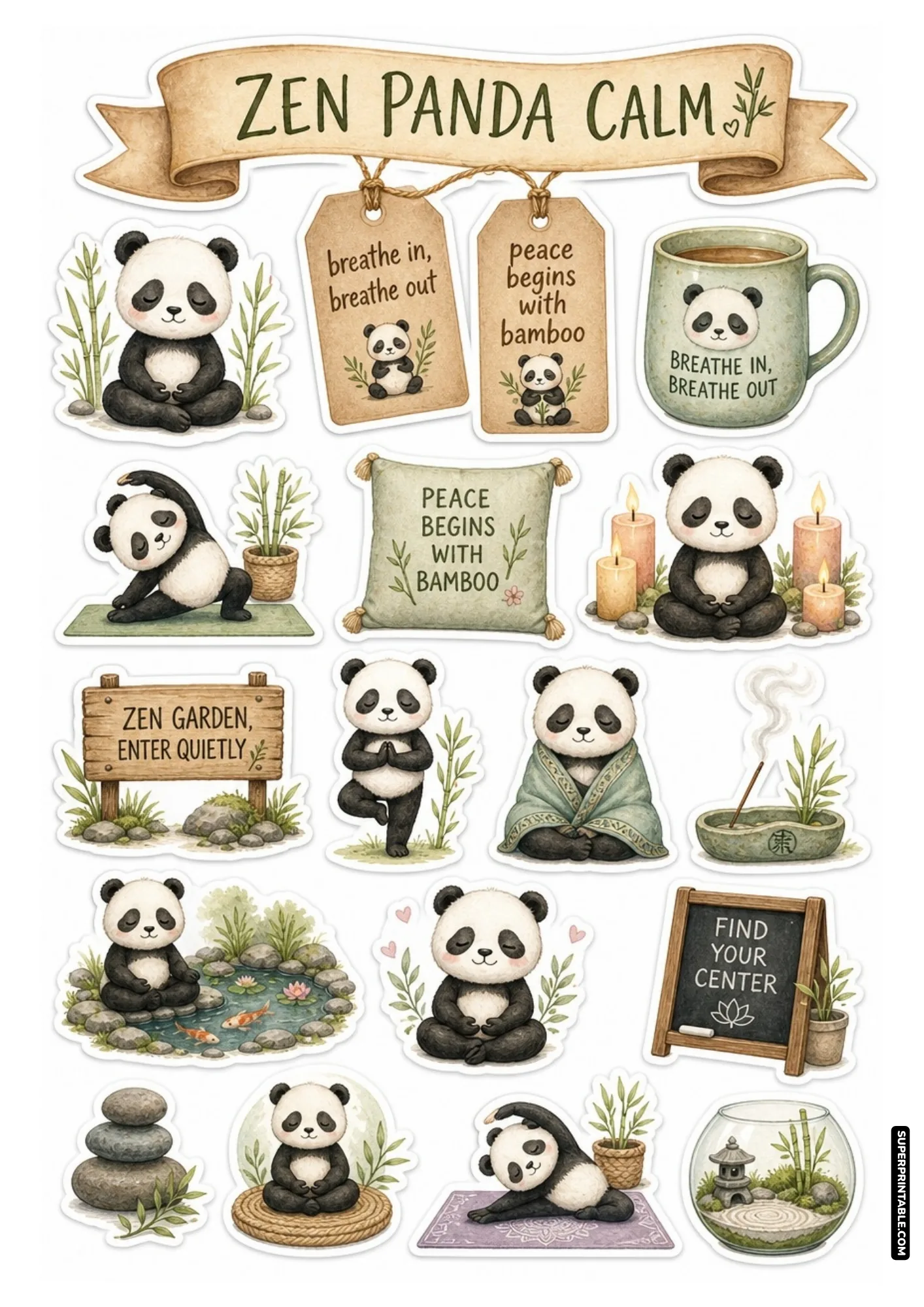 Cute giant panda stickers practicing mindful meditation and yoga stretches with fresh bamboo accents