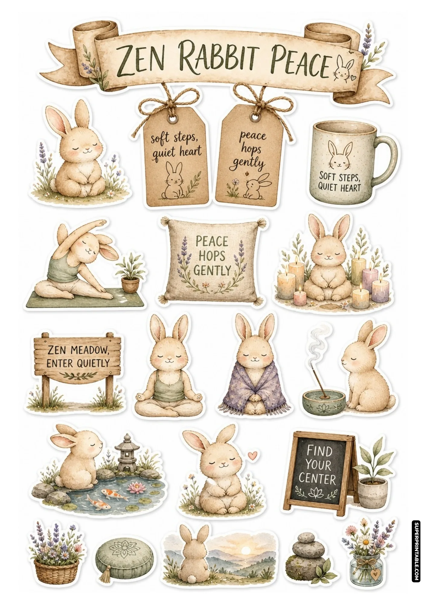 Gentle bunny stickers meditating among lavender blossoms with soft mindfulness quotes for journals