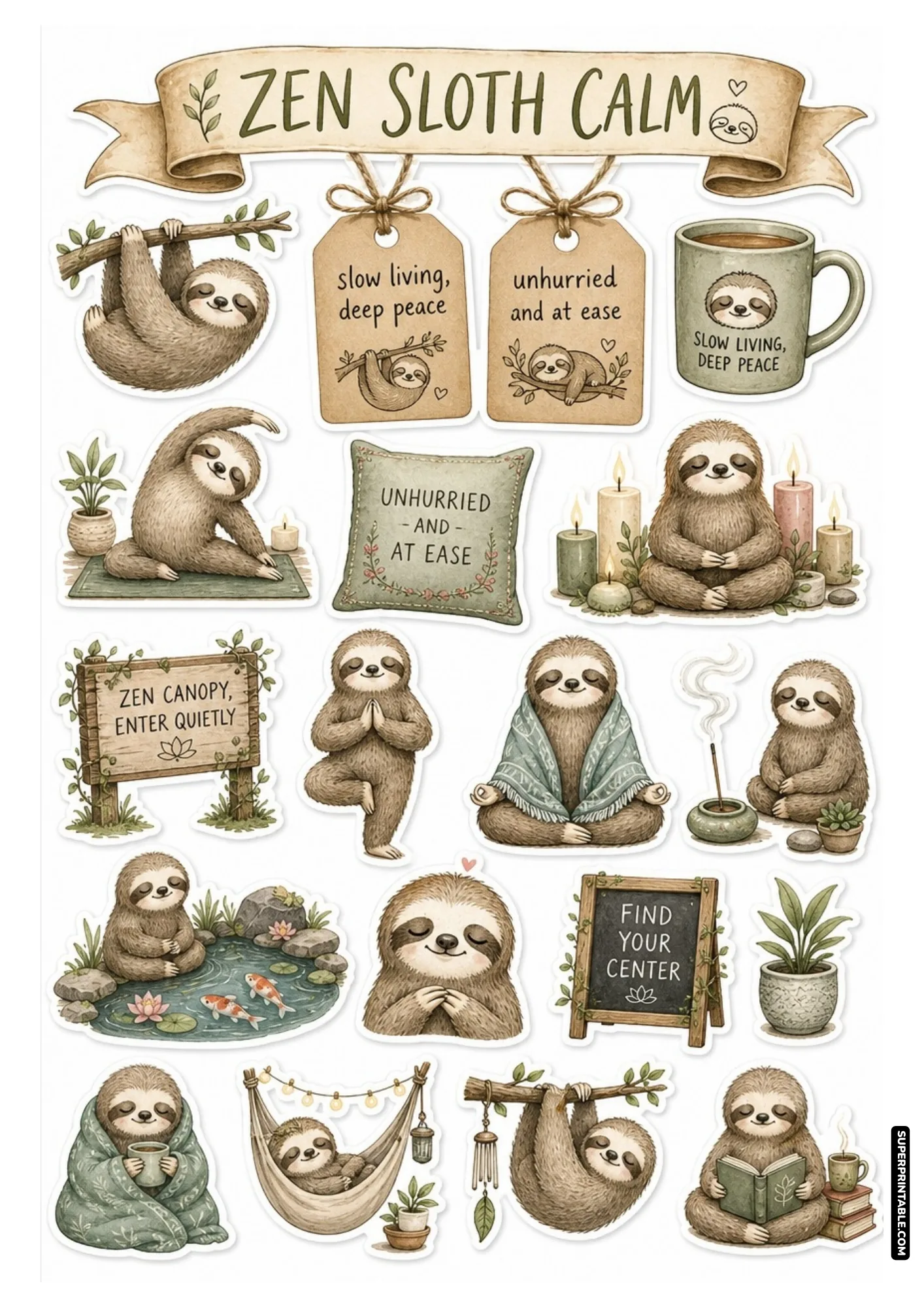 Adorable sloths practicing slow living in hammocks with herbal tea on zen animals sticker sheets