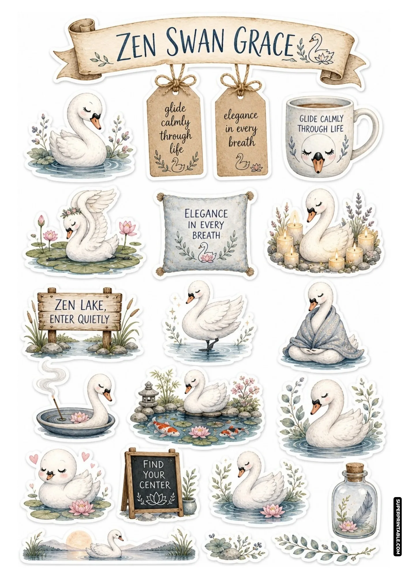 Graceful white swan stickers gliding on serene waters with water lilies and soothing mindfulness quotes