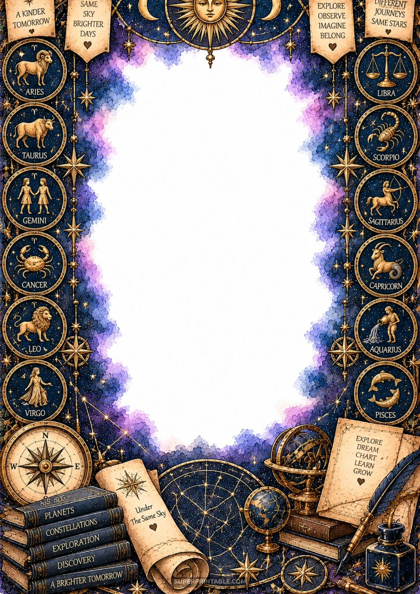 Twelve golden zodiac sign medallions framing a starry night sky with compass and leather books.