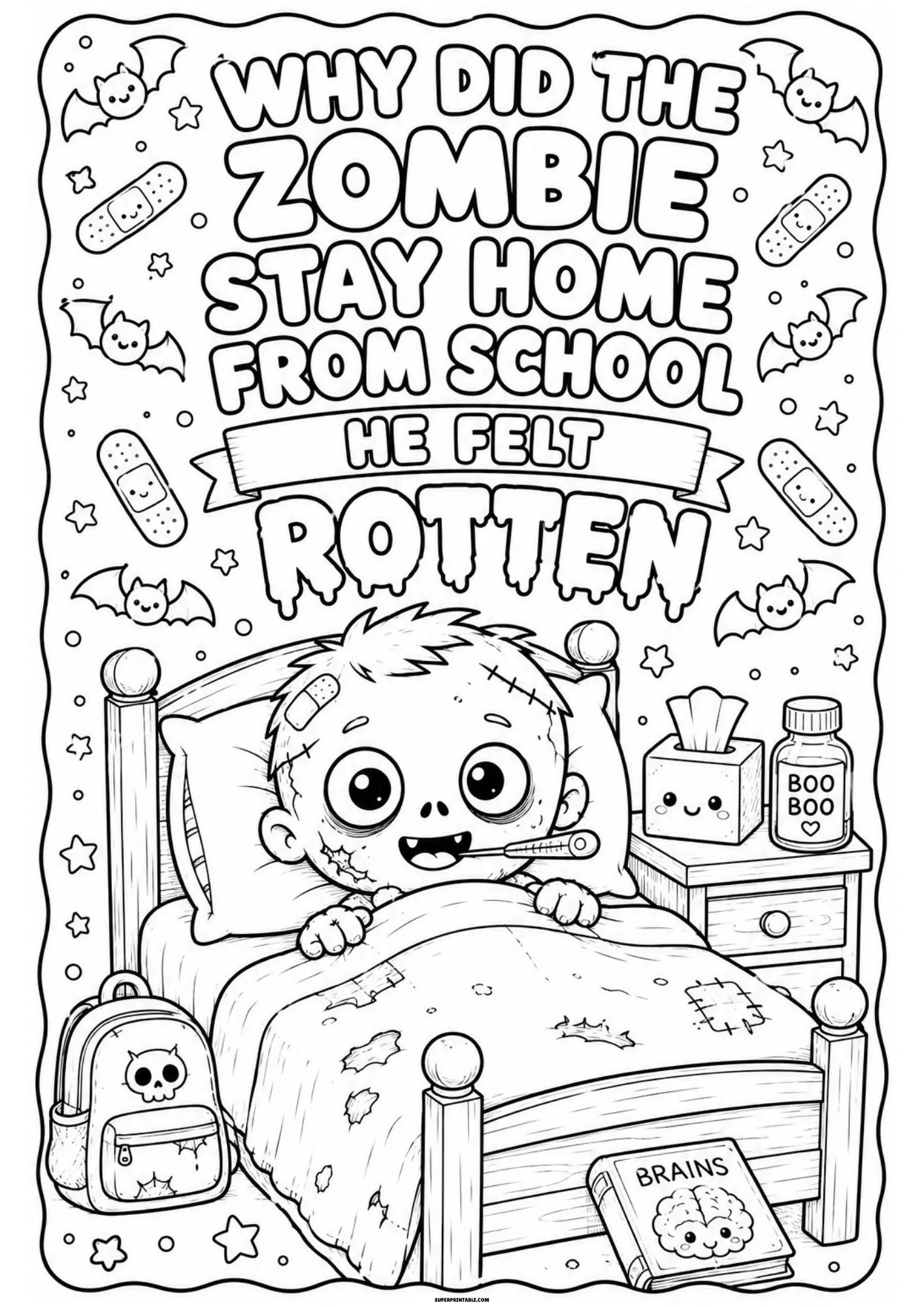 Sick little zombie child in bed with a thermometer in mouth.