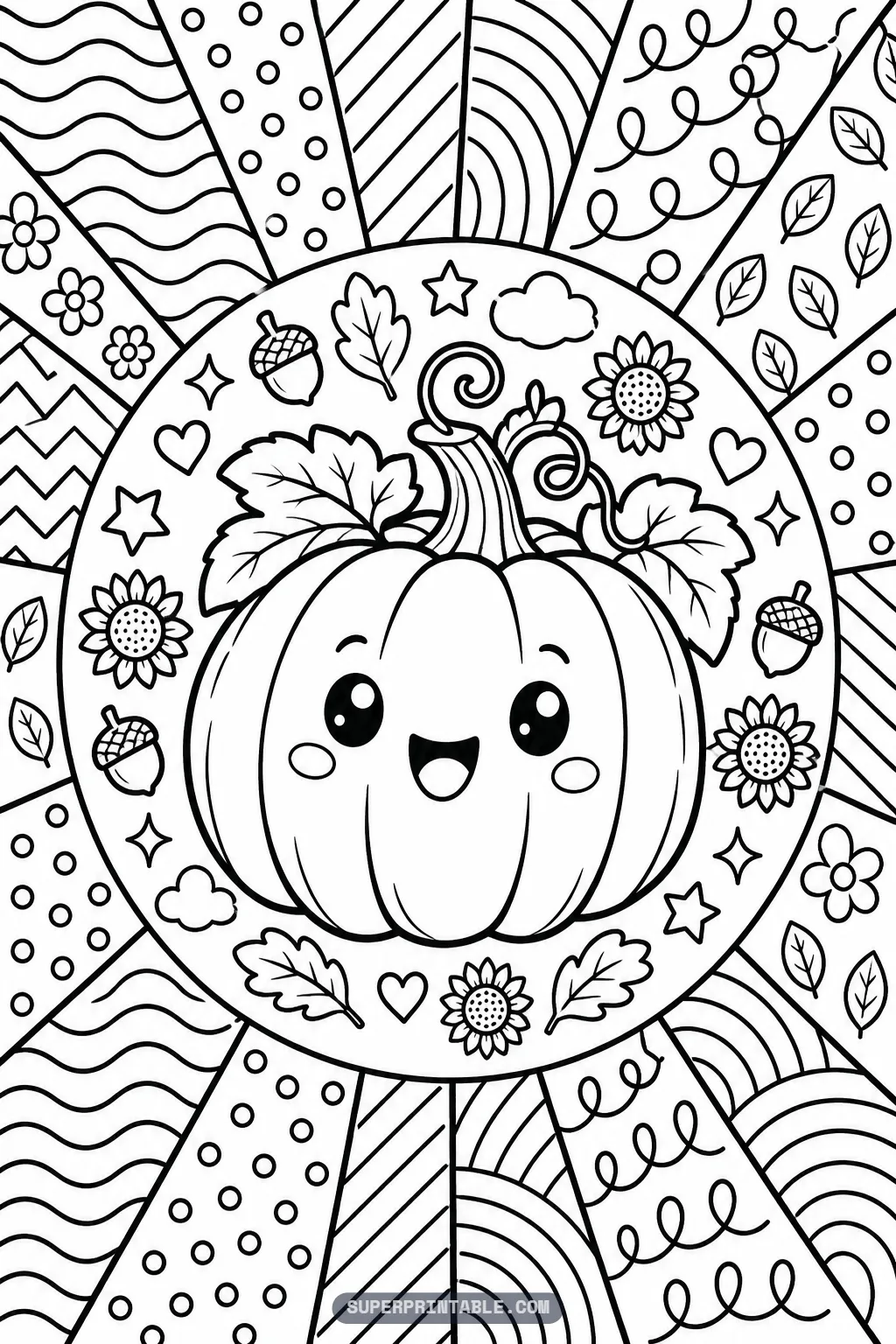 A smiling pumpkin with curly vines and big leaves on an October pop art coloring page.