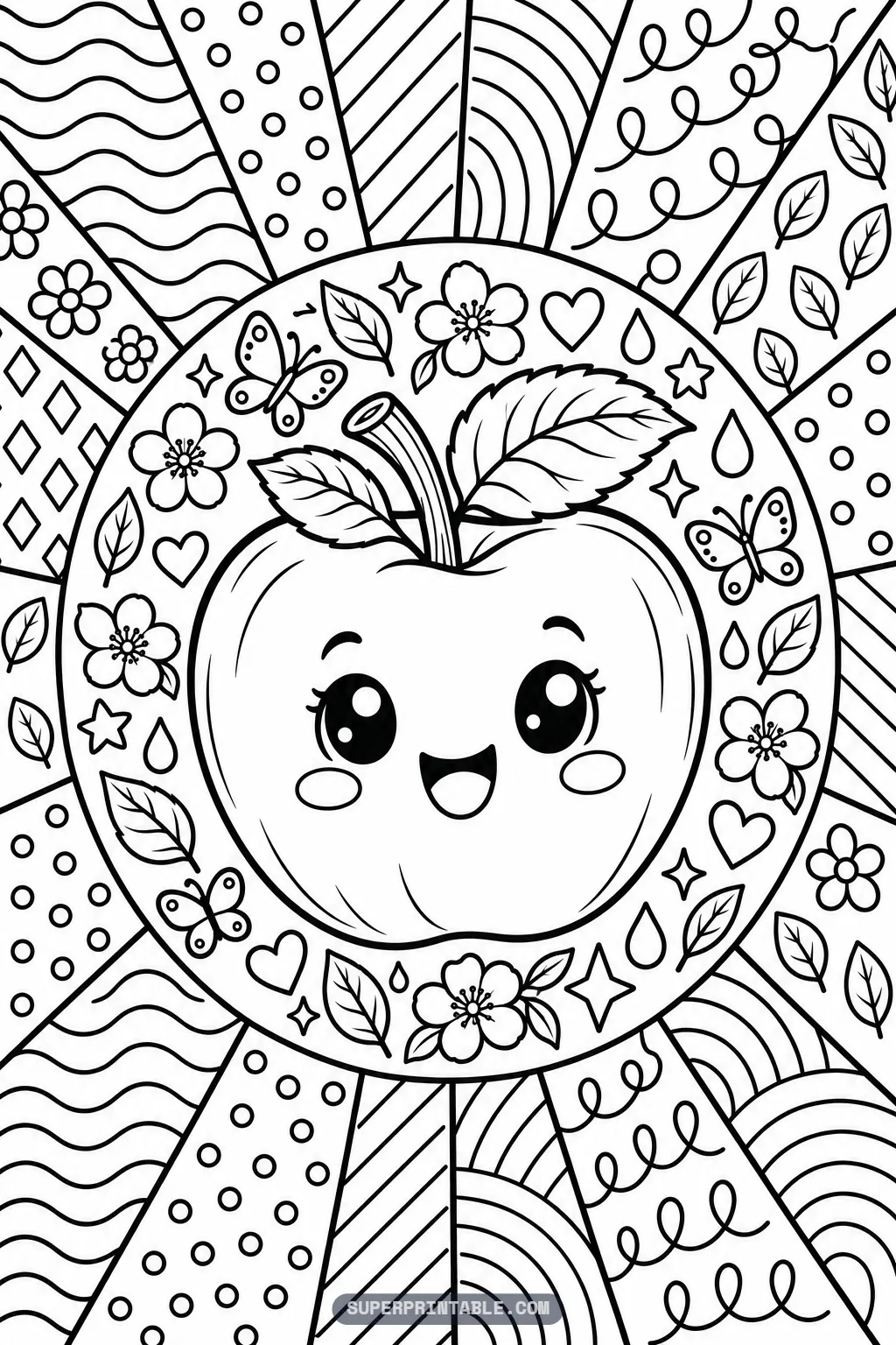 A happy apple surrounded by butterflies, flowers and hearts on an October pop art coloring page.