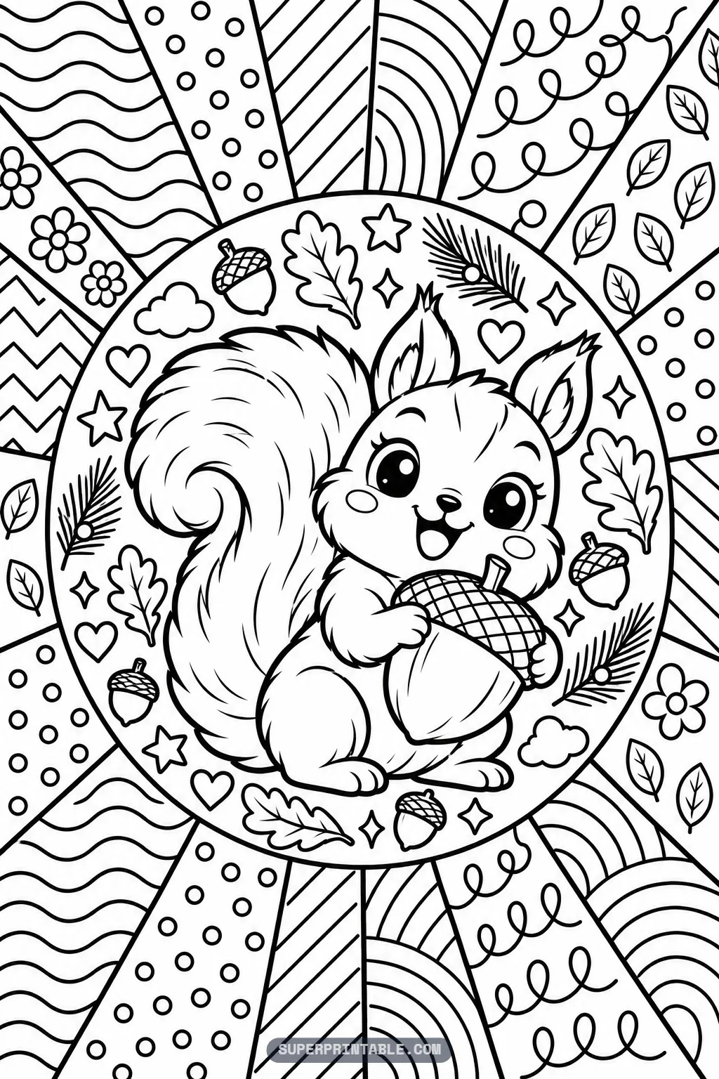 A fluffy squirrel hugging a giant acorn on an October pop art coloring page.