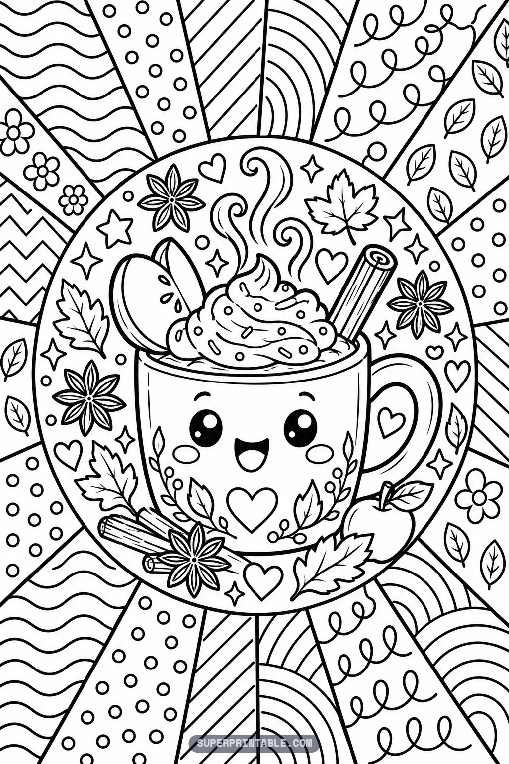 A smiling mug topped with whipped cream, apple slices and a cinnamon stick on an October pop art coloring page.