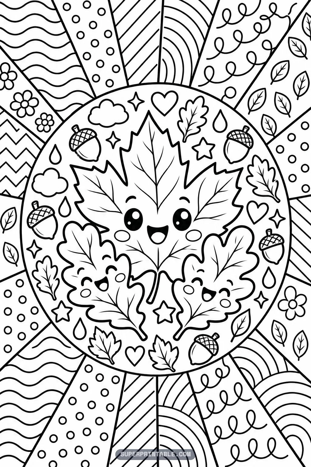 A smiling maple leaf with two happy oak leaves on an October pop art coloring page.