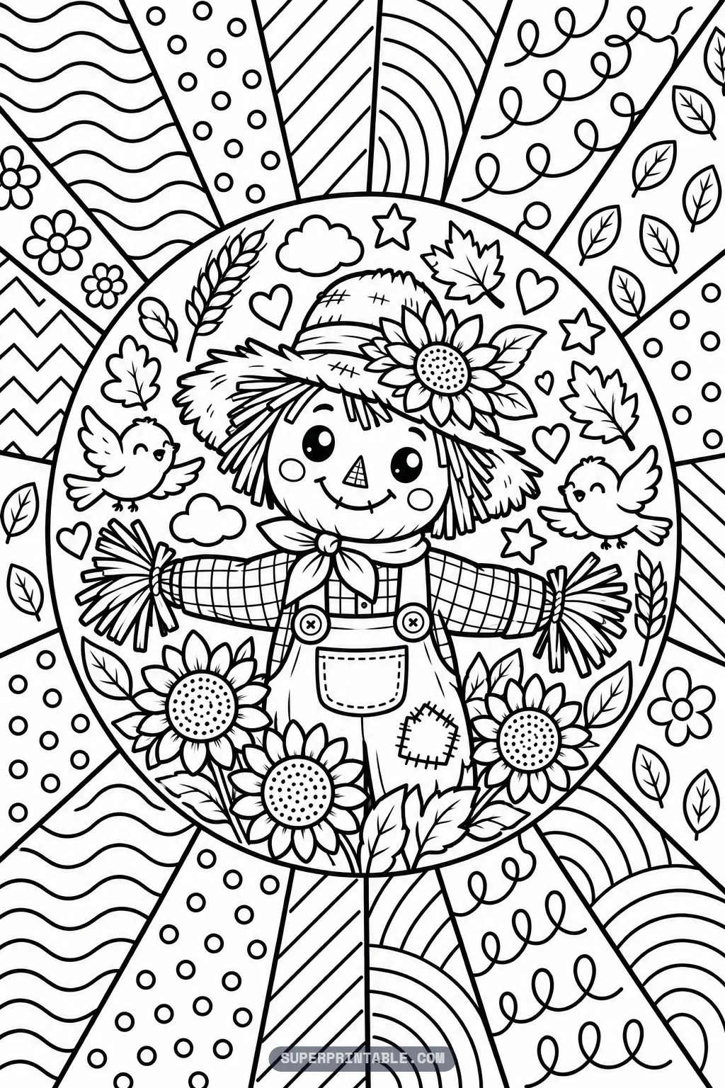 A friendly scarecrow in a straw hat standing among sunflowers on an October pop art coloring page.