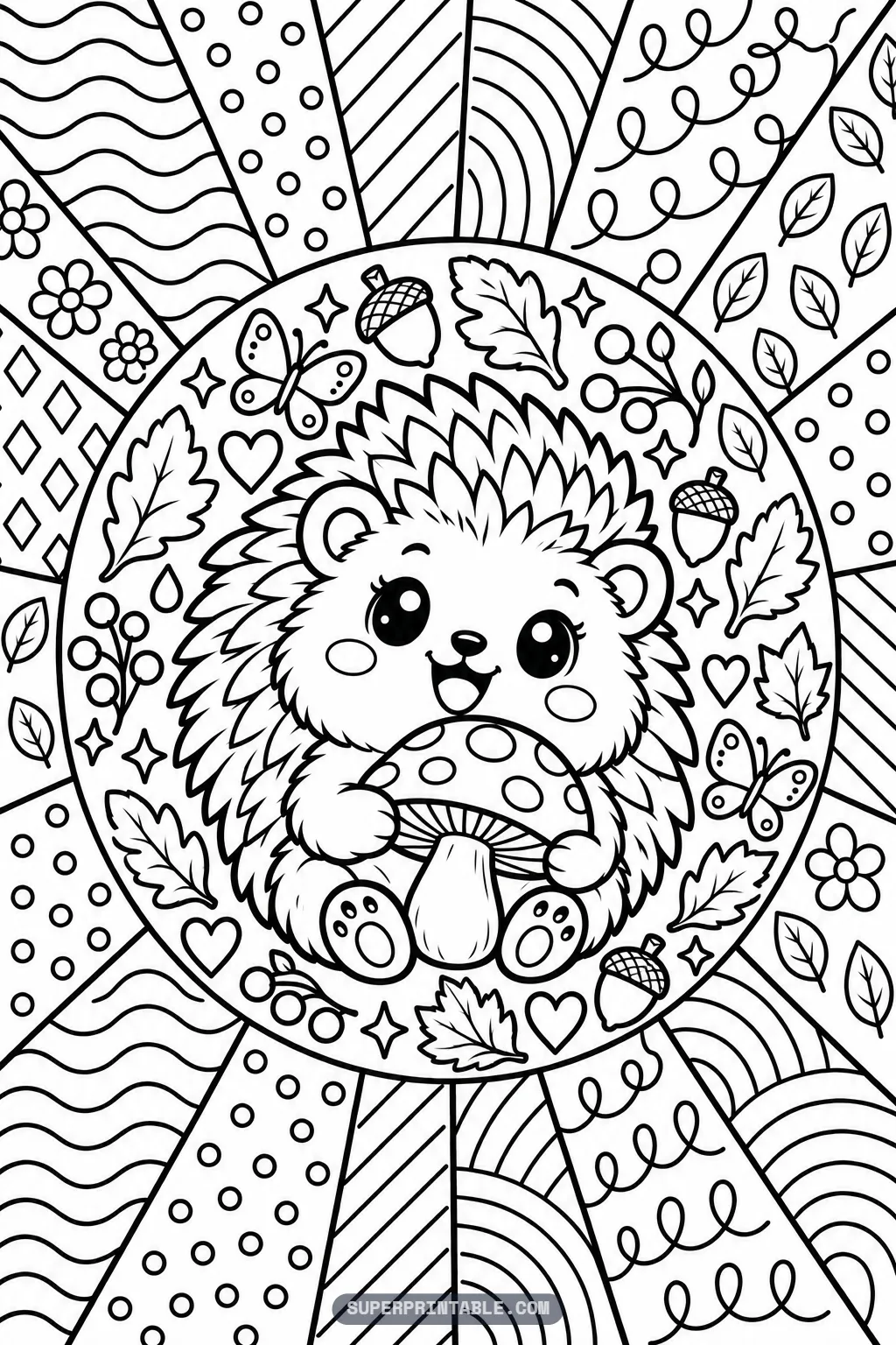 A sweet hedgehog holding a spotted mushroom on an October pop art coloring page.