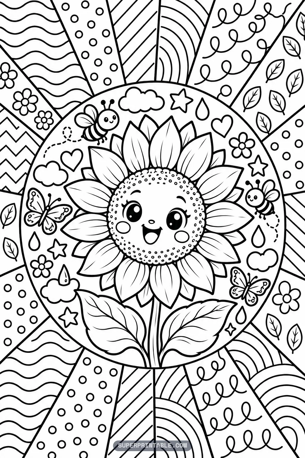 A big smiling sunflower with two little bees on an October pop art coloring page.