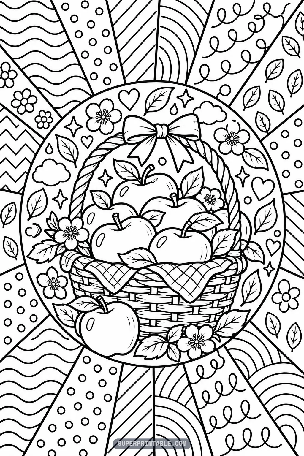 A woven basket of apples topped with a large bow on an October pop art coloring page.