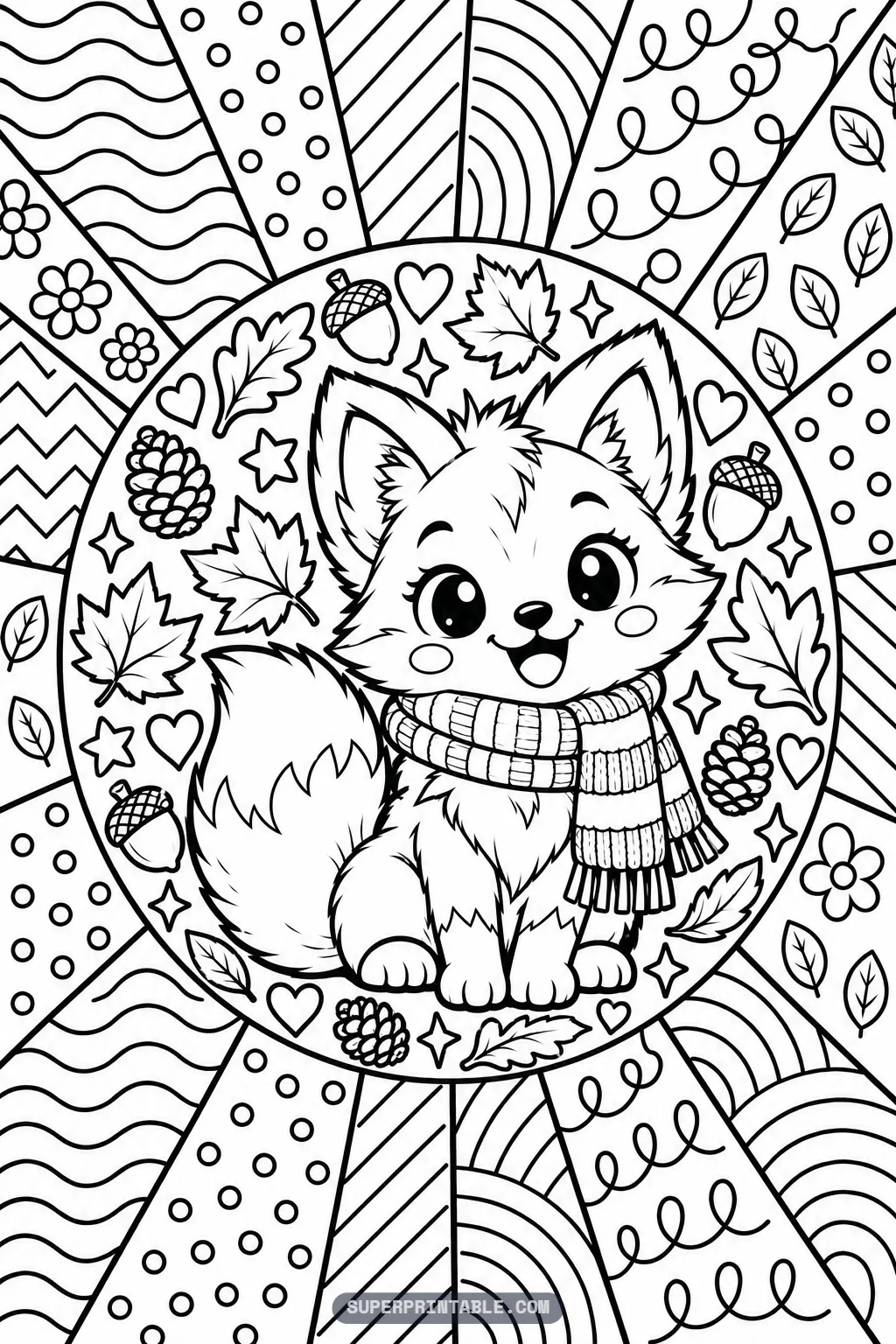 A cute fox wearing a knitted scarf among pine cones and leaves on an October pop art coloring page.