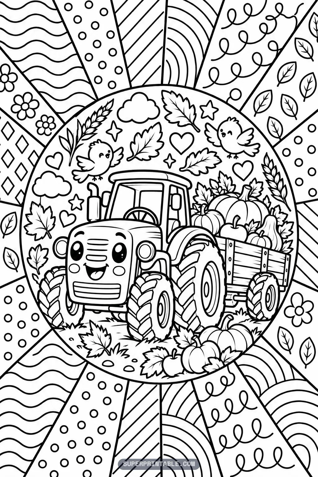 A happy tractor pulling a wooden cart of pumpkins and apples on an October pop art coloring page.