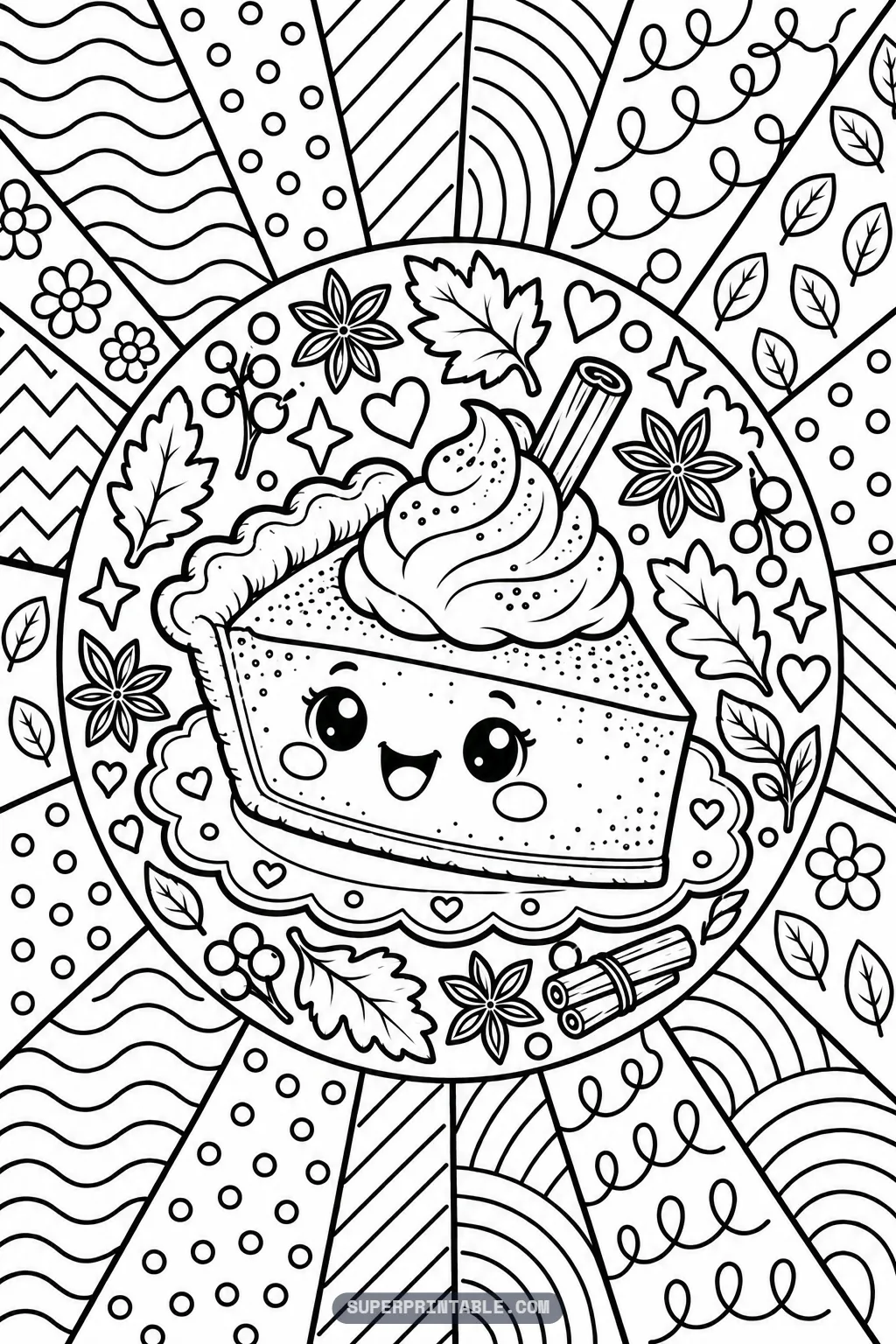 A smiling slice of pie with whipped cream on a lace doily on an October pop art coloring page.