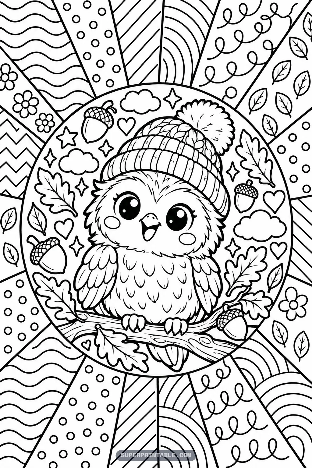 A little owl in a knit beanie perched on a branch on an October pop art coloring page.