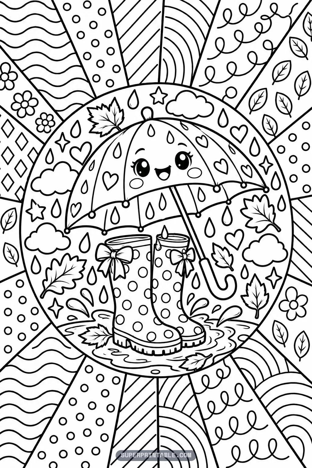A smiling umbrella above a pair of polka dot rain boots on an October pop art coloring page.