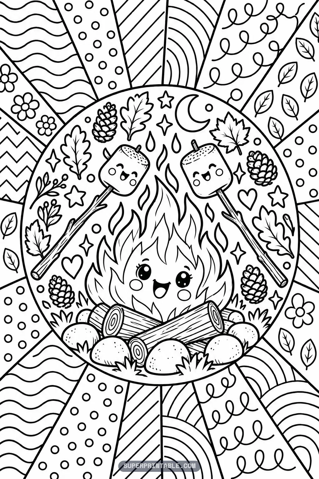 A smiling campfire with two happy marshmallows on sticks on an October pop art coloring page.