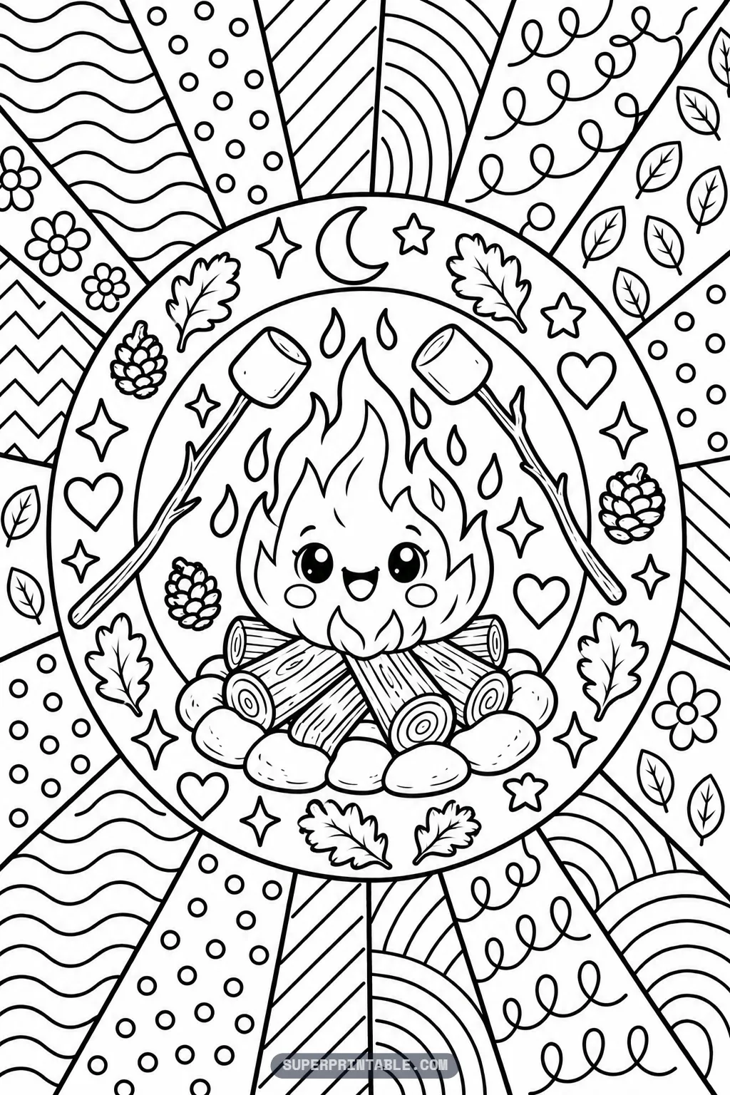 A cheerful campfire with marshmallows on two long sticks on an October pop art coloring page.