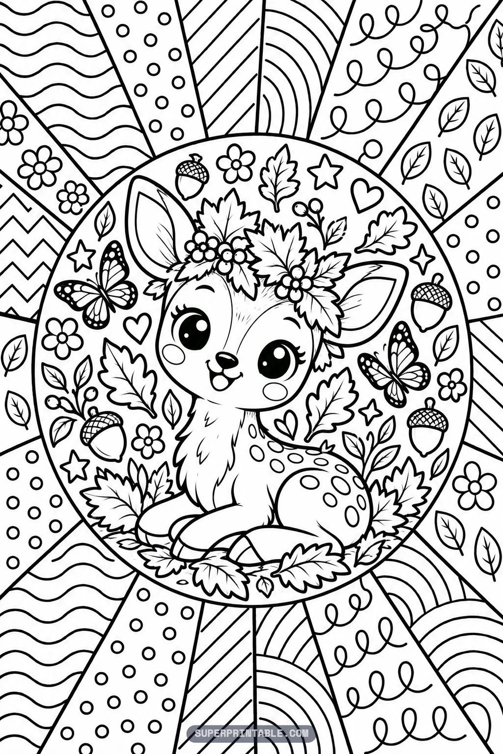 A sweet spotted fawn wearing a crown of leaves and flowers on an October pop art coloring page.