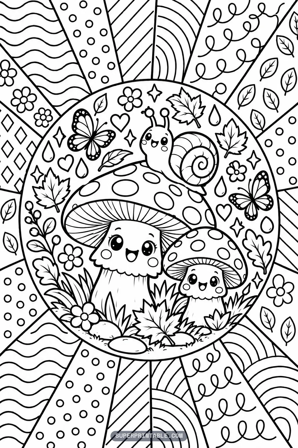 Two smiling spotted mushrooms with a happy snail on top on an October pop art coloring page.