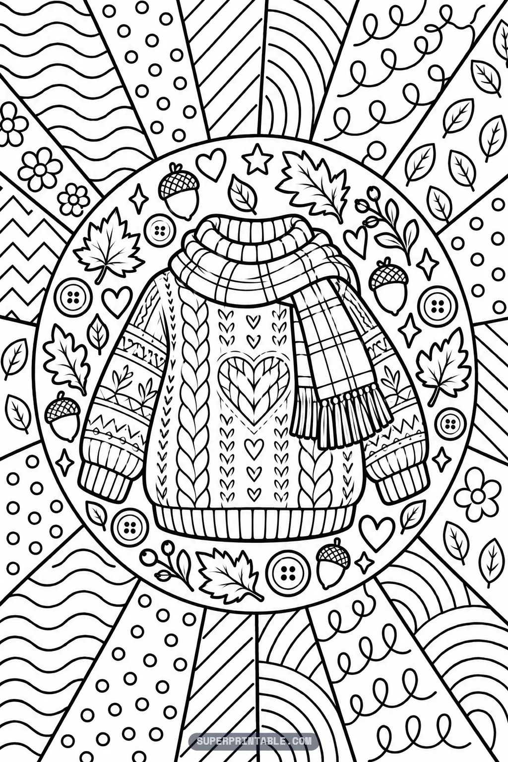 A cozy cable knit sweater with a heart and a plaid scarf on an October pop art coloring page.